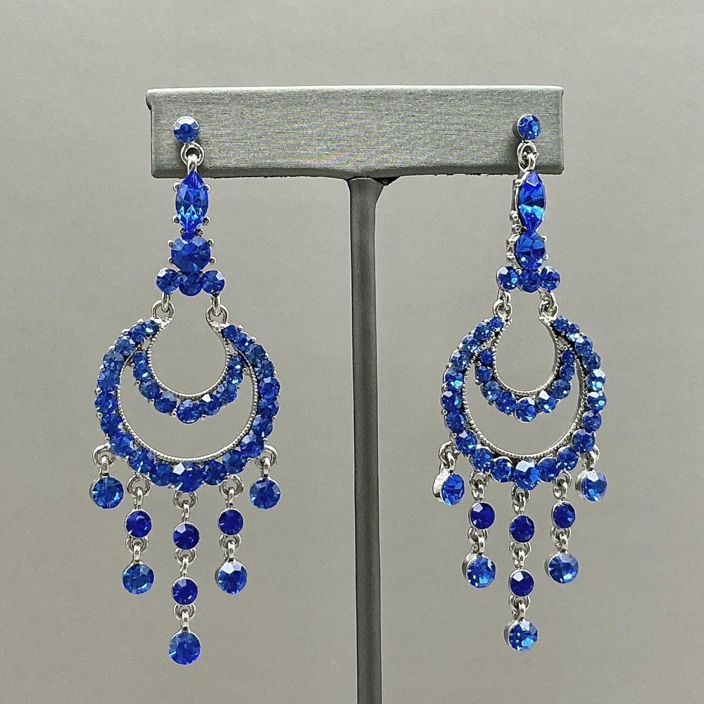 Earrings‎ Blue Rhinestone Moon Chandelier Dangle Drop Womens Celestial Jewelry